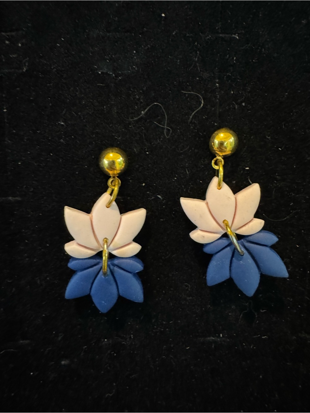 Pink Blue Floral Dangle Earrings Gold Tone Flower Statement Pierced Earrings